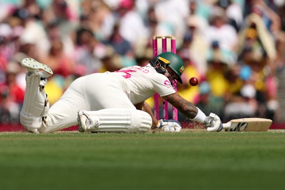 Jake Weatherald hits the deck on Monday in Sydney.