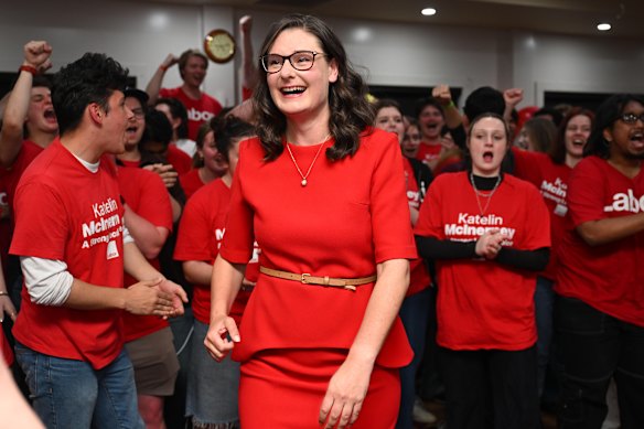 Labor’s Katelin McInerney celebrates her win at Albion Park Bowling Club.