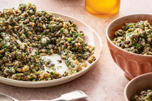 Make this Puy lentil and pearl barley salad your own by adding extras such as soft-boiled eggs or green chilli.