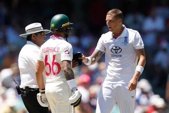 Brydon Carse and Jake Weatherald exchange words during the fifth and final Ashes Test of the summer.