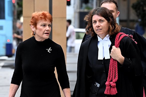 One Nation leader Pauline Hanson and barrister Sue Chrysanthou, SC, arrive at the Federal Court in Sydney on Monday.