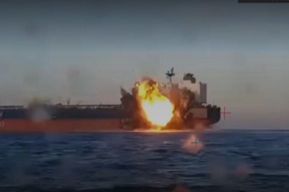 A Ukrainian naval drone hits a Russian oil tanker in the Black Sea.
