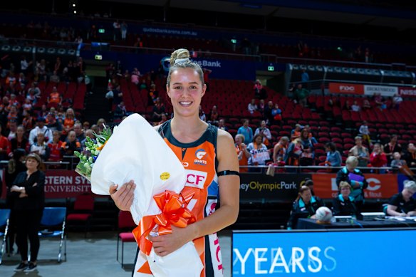 Teigan O’Shannassy during her debut for the Giants in 2019.