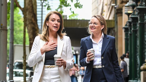 NSW Liberal Opposition Leader Kellie Sloane and Federal Liberal Opposition Leader Sussan Ley arrive at the NSW Liberal State Council Meeting in Sydney on Saturday.