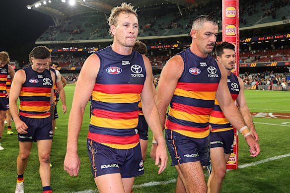 Jordan Dawson (left) after the Crows’ clash with Fremantle earlier this month.
