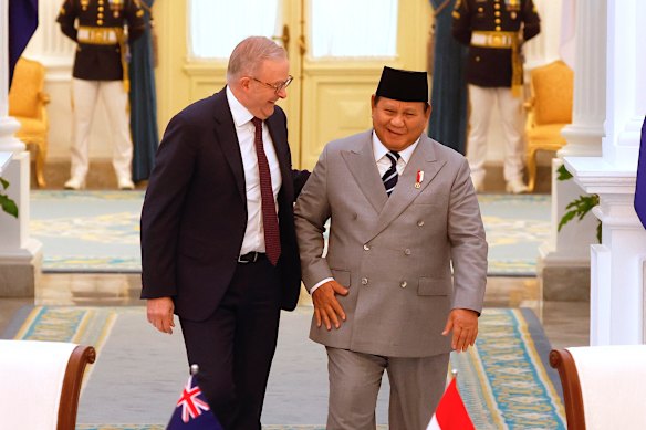 Prime Minister Anthony Albanese (left) and Indonesian President Prabowo Subianto during their meeting at Merdeka Palace in Jakarta, Indonesia.