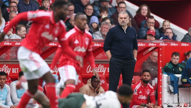 Ange Postecoglou watches on during his final match in charge of Nottingham Forest.