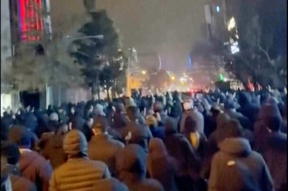 This screen grab from footage circulating on social media from Iran showed protesters once again taking to the streets of Tehran despite an intensifying crackdown by authorities.