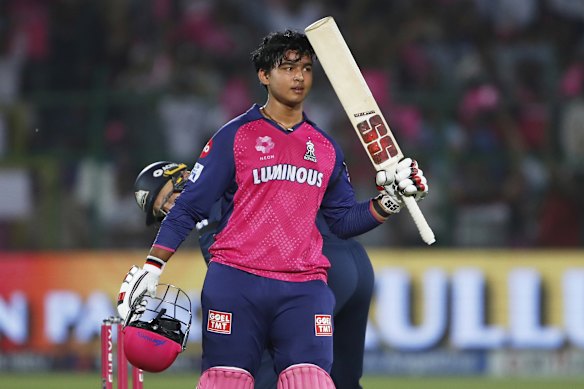 Rajasthan Royals' Vaibhav Suryavanshi celebrates after scoring a century.