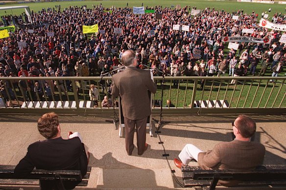 Then-prime minister John Howard addressing a gun rally at the Sale Football Club in Victoria in 1996.
