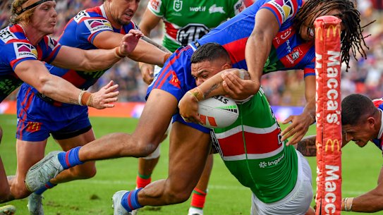 Latrell Mitchell is denied the late match-winner in Newcastle on Sunday.
