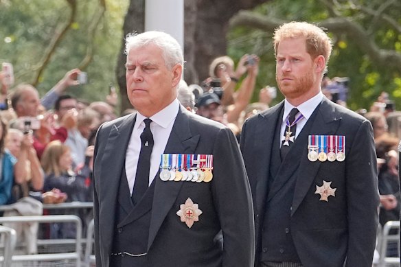 Andrew and Prince Harry follow the coffin of Queen Elizabeth during a procession from Buckingham Palace to Westminster Hall in September 2022.