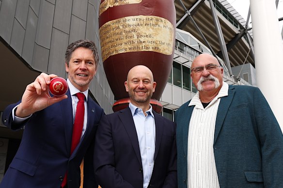 Melbourne Lord Mayor Nicholas Reece, Cricket Australia CEO Todd Greenberg, and Australian cricket great Merv Hughes at the MCG in the build-up to this summer’s Ashes.