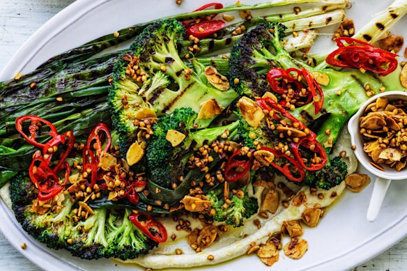 Charred broccoli and spring onion salad with tahini dressing.