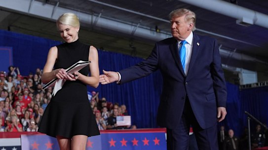 Trump’s executive assistant Natalie Harp appeared on stage with him at a rally in Nebraska on Monday night.