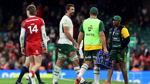 Eben Etzebeth of South Africa leaves the field after being shown a red card.