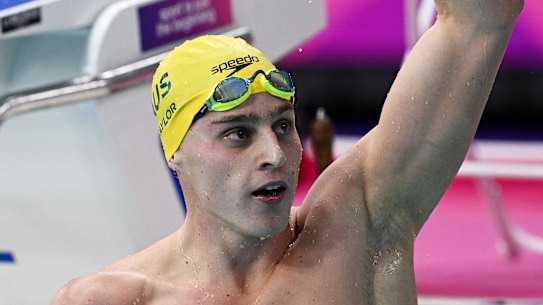 Kai Taylor of Team Australia celebrates after winning the gold medal during the Men’s 200m Freestyle Final on day six of the Glasgow 2026 Commonwealth Games at Tollcross International Swimming Centre on July 29, 2026 in Glasgow, Scotland. 