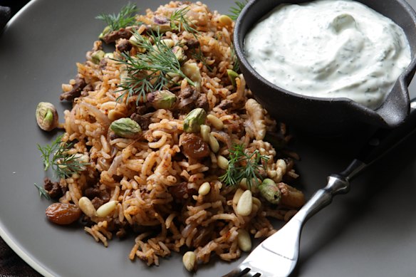 Lamb rice pilaf with walnuts and yoghurt.