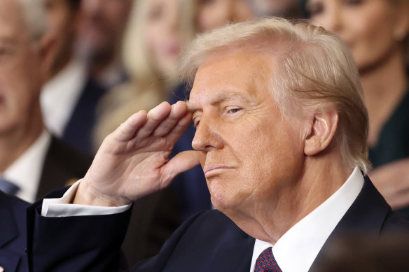 President Donald Trump salutes during the inauguration.