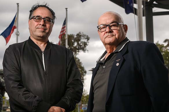 Raz Mohammed, an Afghan interpreter, alongside ex-ADF investigator Peter Ensor outside the Dandenong RSL, where they were reunited last month.