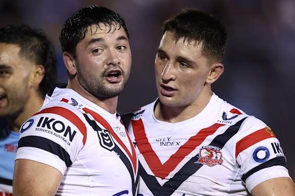 Roosters forwards Brandon Smith and Victor Radley during their time together at the club.