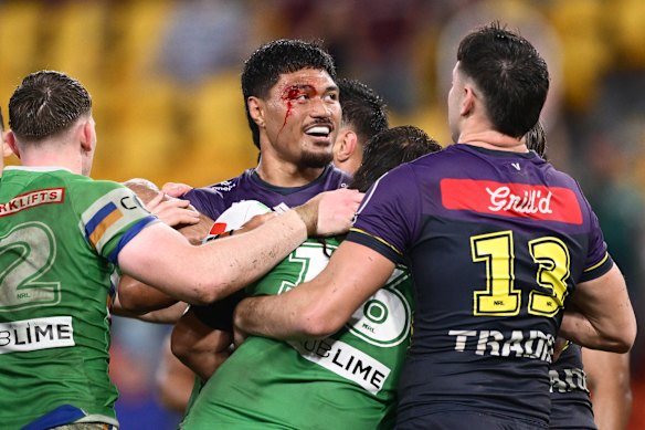 Utoikamanu mixes it up with the Canberra Raiders.