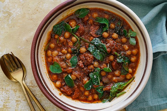 Braised chickpeas with chorizo and greens
