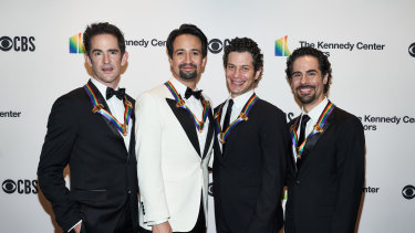 Left to right: Hamilton choreographer Andy Blankenbuehler, writer and star Lin-Manuel Miranda, director Thomas Kail and music director Alex Lacamoire at the Kennedy Center Honors in 2018.