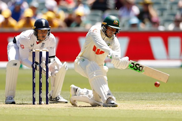 Usman Khawaja on his way to 82 after he was a late replacement for Steve Smith.