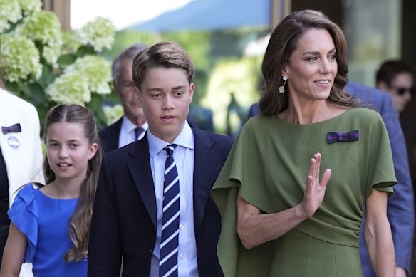 Catherine, Princess of Wales, Prince George and Princess Charlotte at Wimbledon on the final day of the tournament.