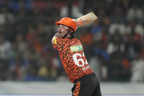 Travis Head looks to the skies during his quickfire 62 for Hyderabad.