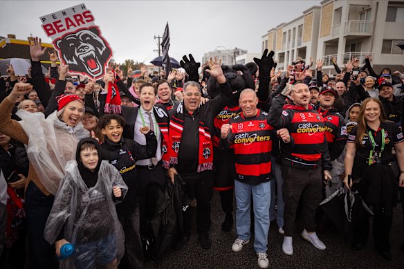 Mal Meninga and CEO Anthony de Ceglie leads a contingent of fans on a “Bear Walk” before the Manly-Melbourne clash at HBF Park in Perth on Sunday.