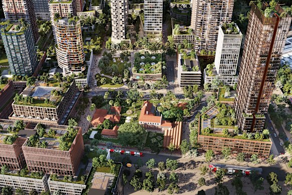 An artist’s impression of Sydney Olympic Park in 2050: Urban Centre Neighbourhood.