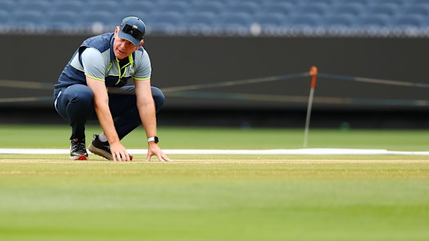 Australia coach Andrew McDonald inspects the MCG pitch on Christmas Eve.