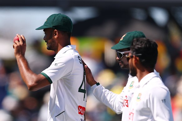 Bangladesh bowler Shoriful Islam celebrates his seven-wicket haul against Australia.