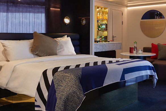 A ‘Cheeky Corner’ suite on a Virgin Voyages cruise stateroom.