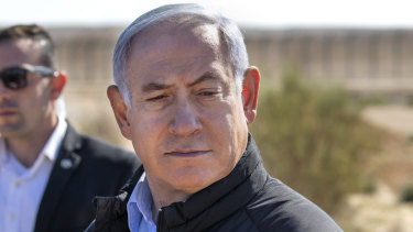 Israel's Prime Minister Benjamin Netanyahu visits the southern border with Egypt at Nitzana, Israel, in the Negev Desert, on March 7.