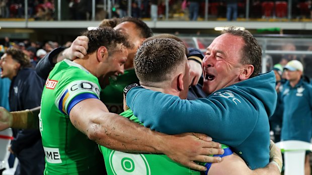 The Raiders celebrate their stunning win over Penrith in Mudgee on their way to the minor premiership.
