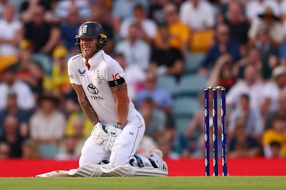 Ben Stokes is struck in the groin by a Neser delivery.