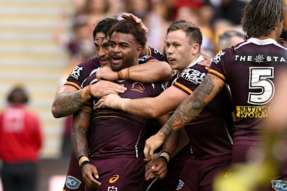 Ezra Mam scores in his comeback for the Brisbane Broncos against the St George-Illawarra Dragons.