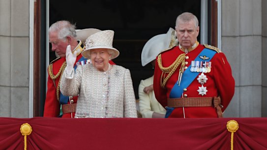 Former Prince Andrew in military uniform with his mother, Queen Elizabeth II, at the Trooping the Colour in 2019.
