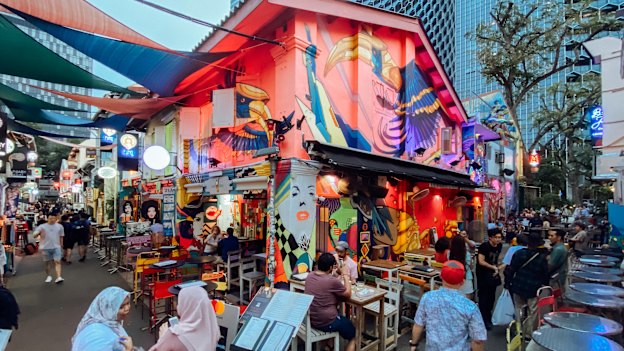 Colourful shophouses and dining in Haji Lane, Singapore.