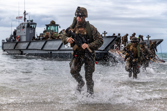 U.S. Marines conduct a simulated amphibious assault of exercise Talisman Sabre 19 in Bowen, Australia.