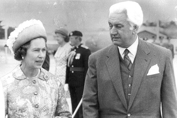 Governor-general Sir John Kerr, pictured with Queen Elizabeth II in 1977, dismissed the Whitlam government after the opposition’s successful motion to block the budget in the Senate. 