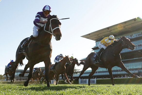 Nash Rawiller rides Lindermann (left) to victory in the Chelmsford Stakes at Randwick.