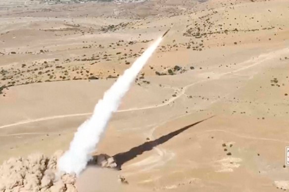 A Houthi image of a missile launch from 2024. The group on Saturday said it had launched a “barrage” at Israel.