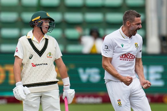 Anrich Nortje (right) celebrates taking the wicket of Marnus Labuschagne in Australia’s first dig in Gqeberha.