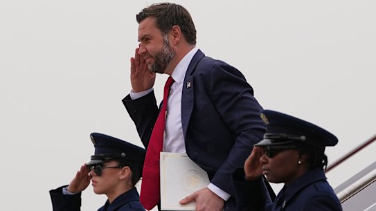 US Vice President JD Vance arrives on Air Force Two at Joint Base Andrews.