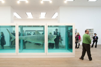   Le célèbre requin dans le formaldéhyde de Hirst, The Physical Impossibility of Death in the Mind of Someone Living, commandé par l'adman Charles Saatchi en 1992.