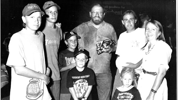 Baker with his family from left Rudi, Tristan, Rohan, Glen, Orson, Lorelle, and in front, Reilly and Cairo in 1996.